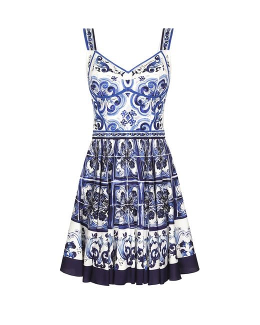 Dolce & Gabbana Blue Kurzes Kleid Majolika-Print