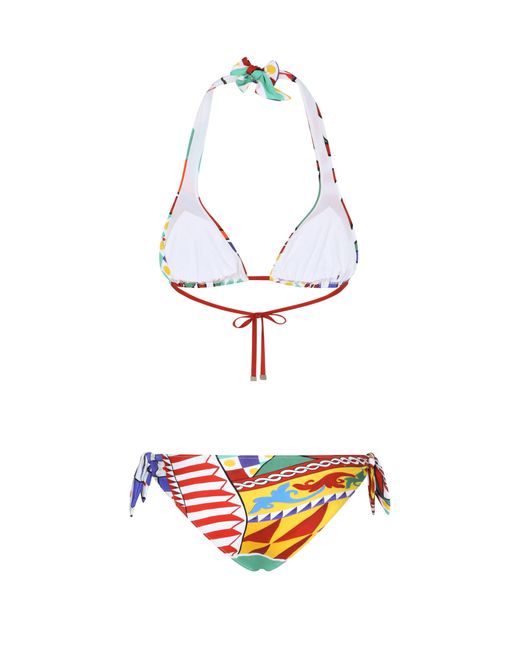 Dolce & Gabbana White Triangle Bikini With Carretto Print