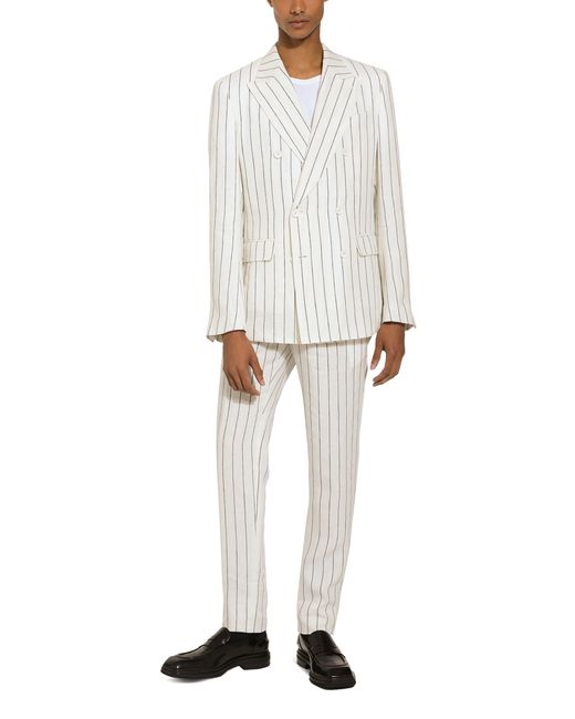 Dolce & Gabbana White Pinstriped Linen Trousers for men