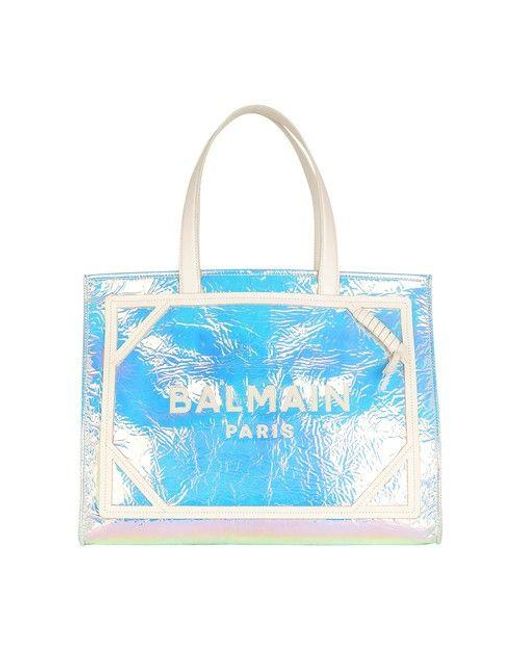 Balmain Blue B-army Small Iridescent Leather Shopping Bag