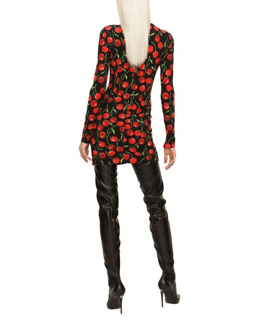 Robe courte en jersey à manches longues et imprimé cerises Dolce & Gabbana en coloris Red