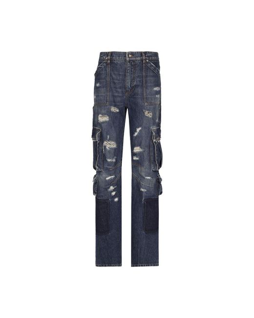 Dolce & Gabbana Blue Denim Cargo Jeans With Rips