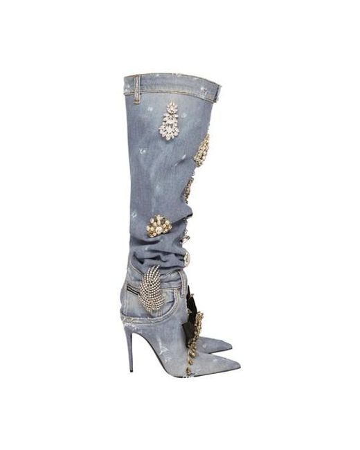 Dolce & Gabbana Gray Patchwork Denim Boots With Embroidery