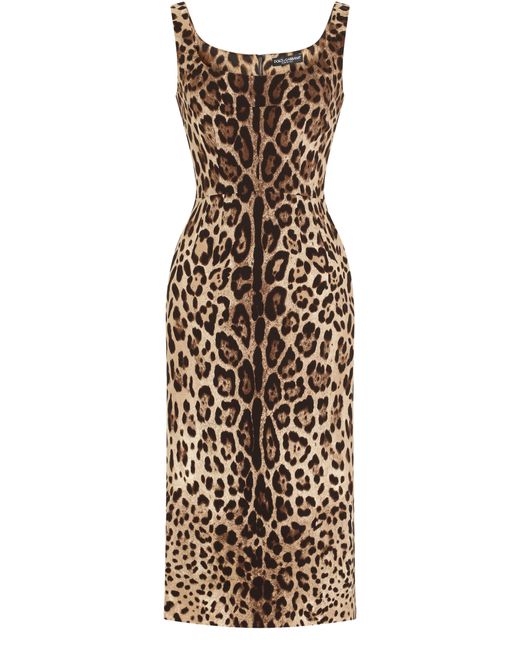 Dolce & Gabbana Brown Charmeuse Calf-Length Dress With Leopard Print
