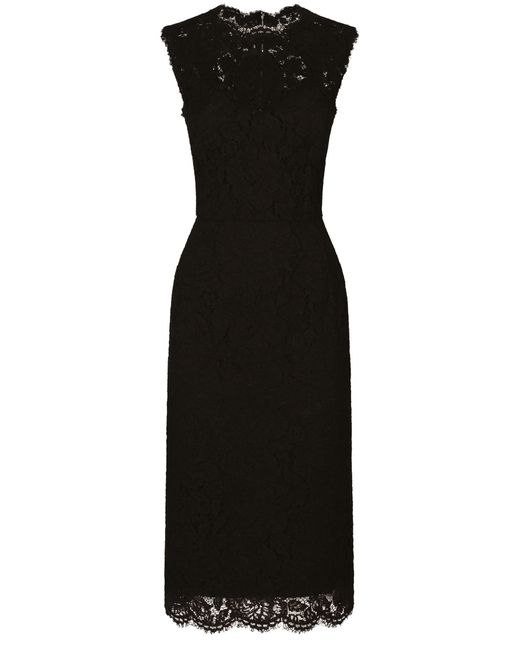 Dolce & Gabbana Black Branded Stretch Lace Calf-length Dress