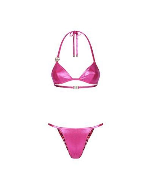 Dolce & Gabbana Pink Laminated Triangle Bikini Top With Dg Logo