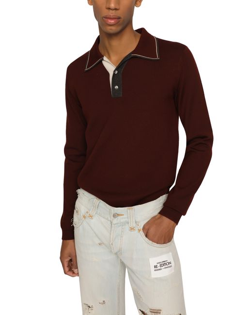 Dolce & Gabbana Brown Wool Polo Shirt With Contrast Details for men