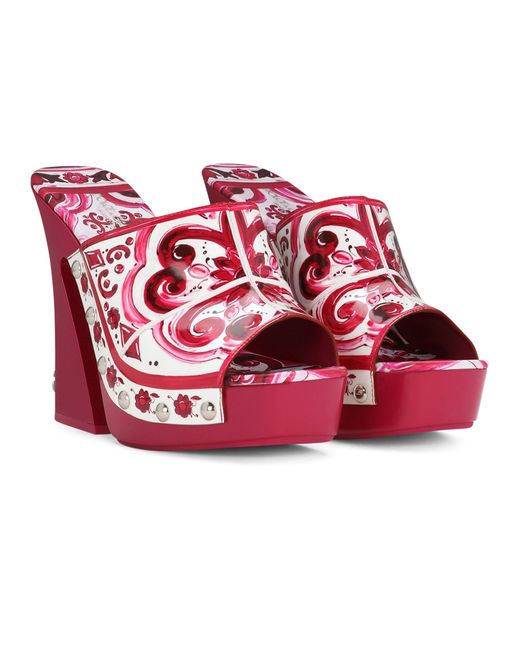 Dolce & Gabbana Red Clogs aus poliertem Kalbsleder mit Majolika-Print