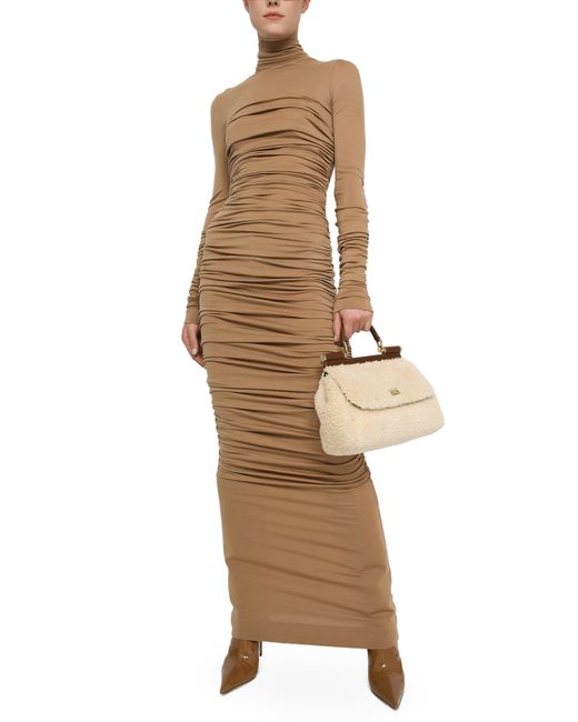 Dolce & Gabbana Natural Ruched Stretch-wool Maxi Dress