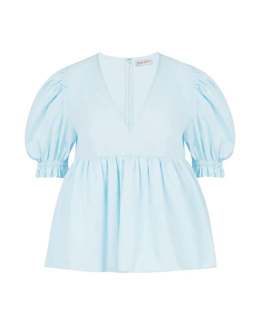 Nina Ricci Blue Babydoll Top With Ruched Sleeves