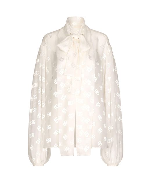 Dolce & Gabbana White Devoré Satin Pussy-bow Shirt With All-over Dg Logo