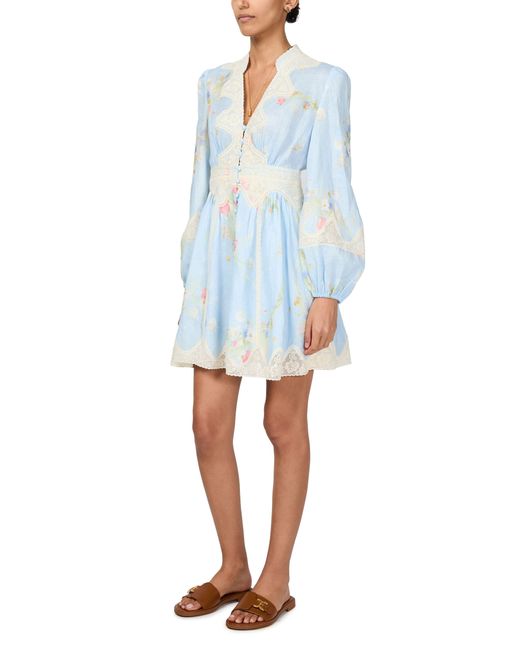 Zimmermann Blue Minikleid Lucky Mit Plunge-Ausschnitt Und Spitze