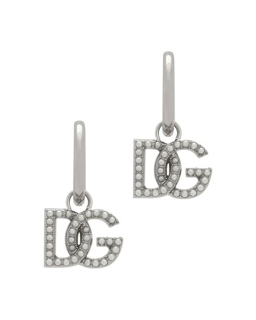 Dolce & Gabbana White Single Logo Earring With Pearl Accents for men