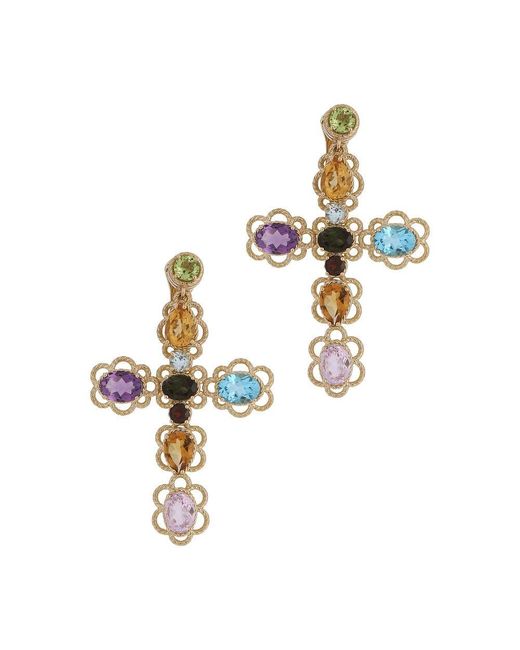 Dolce & Gabbana Metallic 18 Kt Yellow Gold Clip-on Earrings With Pin And With Multicolor Fine Gemstones