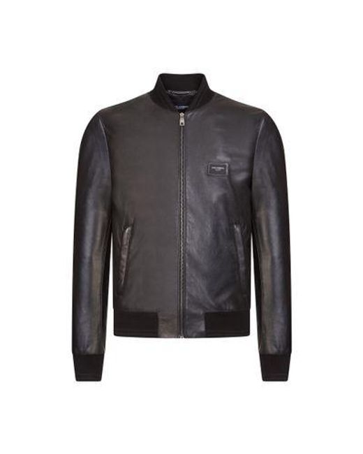 Dolce & Gabbana Gray Leather Jacket With Branded Tag for men