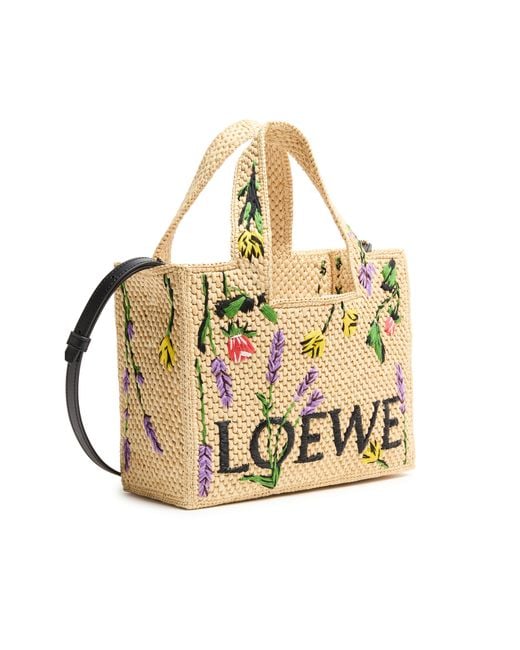 Loewe Metallic Font Flowers Small Raffia Tote Bag