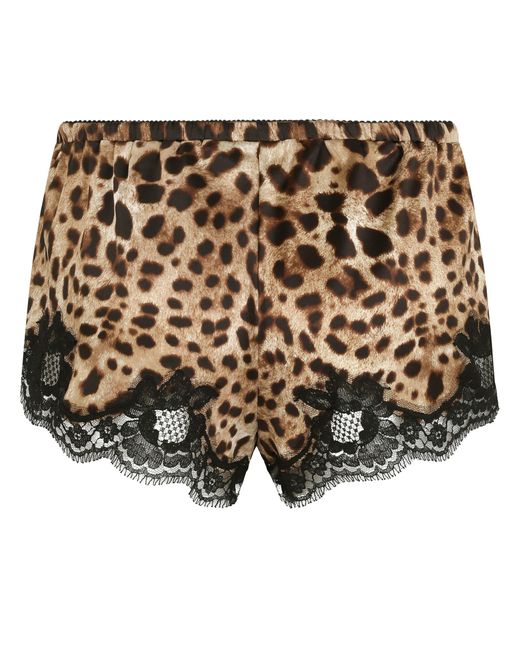 Dolce & Gabbana Brown Leopard-print Satin Lingerie Shorts With Lace Detailing