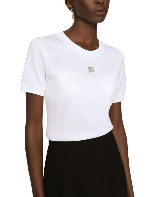 Dolce & Gabbana White Cotton T-Shirt With Crystal Logo