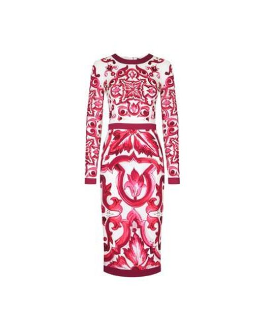 Dolce & Gabbana Red Midi Silk Dress With Maiolica Motif