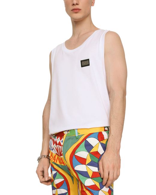 Dolce & Gabbana White Jersey Tank Top With Logo Plaque for men