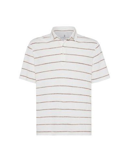 Brunello Cucinelli White Linen-cotton Striped Polo Shirt for men