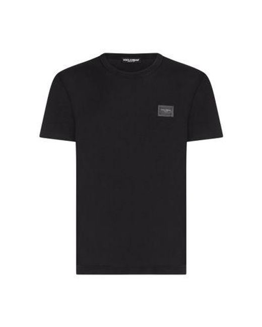 Dolce & Gabbana Black Cotton T-Shirt With Logoed Plaque for men