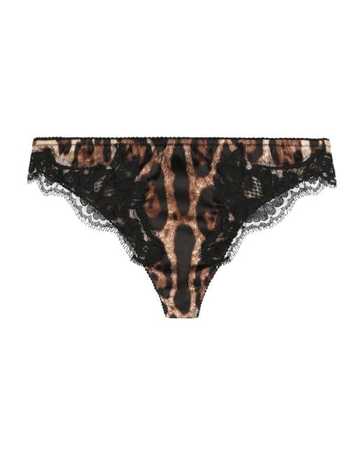 Dolce & Gabbana Black Leopard-print Satin Thong With Lace Detailing