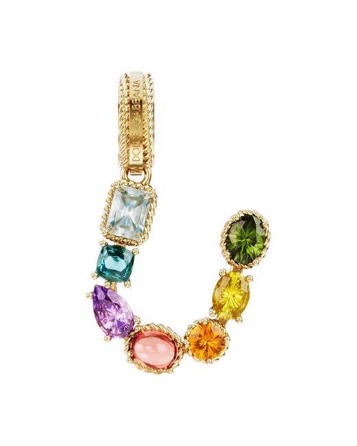 Dolce & Gabbana Green Rainbow Alphabet U 18 Kt Yellow Gold Charm With Multicolor Fine Gems
