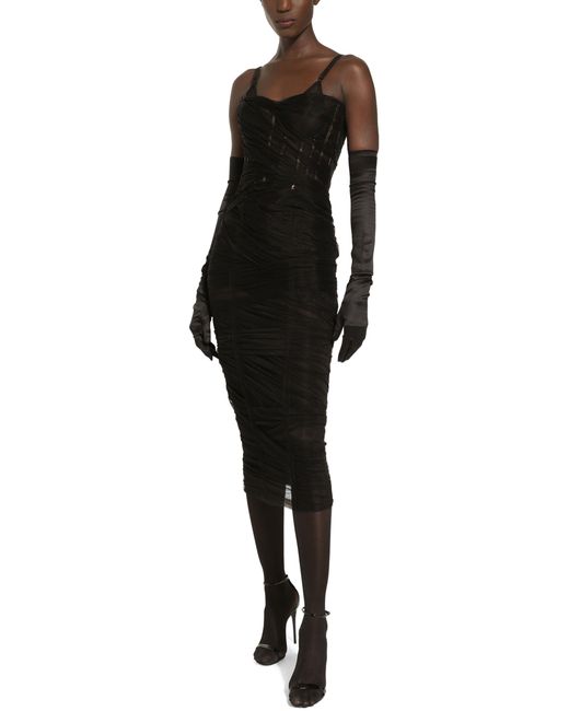 Dolce & Gabbana Black Draped Tulle Bustier Midi Dress