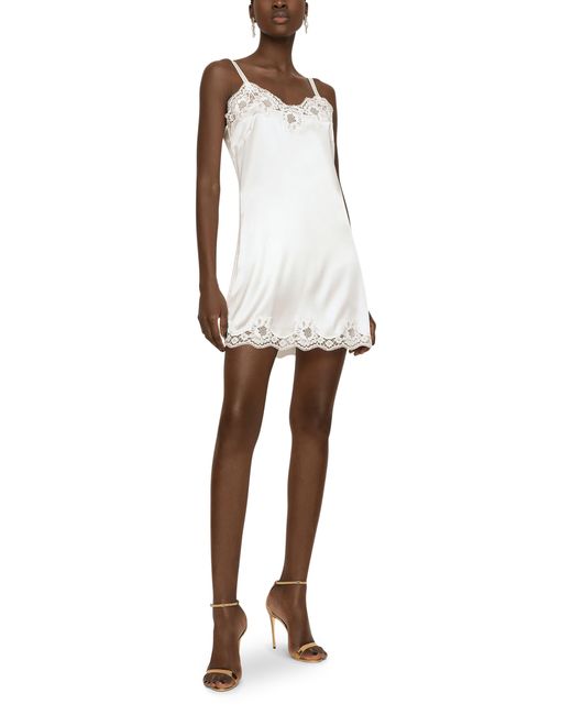 Dolce & Gabbana White Satin Lingerie-Style Slip With Lace Detailing