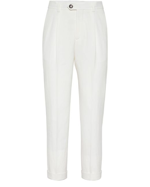 Brunello Cucinelli White Leisure Fit Trousers With Pleats for men
