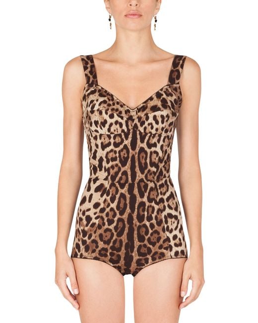 Dolce & Gabbana Brown Bodysuit aus Charmeuse mit Leopardenprint