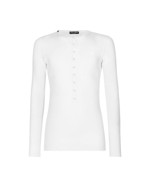 Dolce & Gabbana White Fine-Rib Cotton Granddad-Neck T-Shirt for men