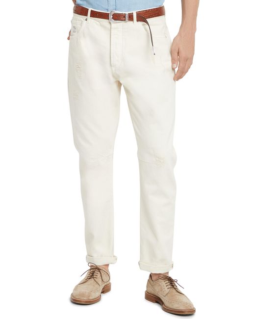 Brunello Cucinelli White Denim Trousers With Rips for men