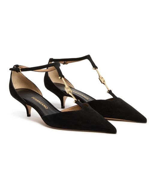 Ferragamo Black F Buckle T-Strap Pumps