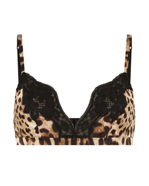 Dolce & Gabbana Black Leopard-print Soft-cup Satin Bra With Lace Detailing