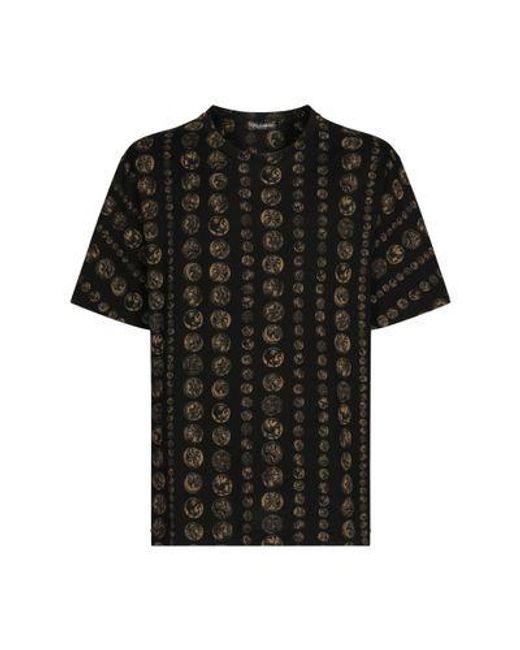 Dolce & Gabbana Black Cotton T-shirt With Coin Print for men