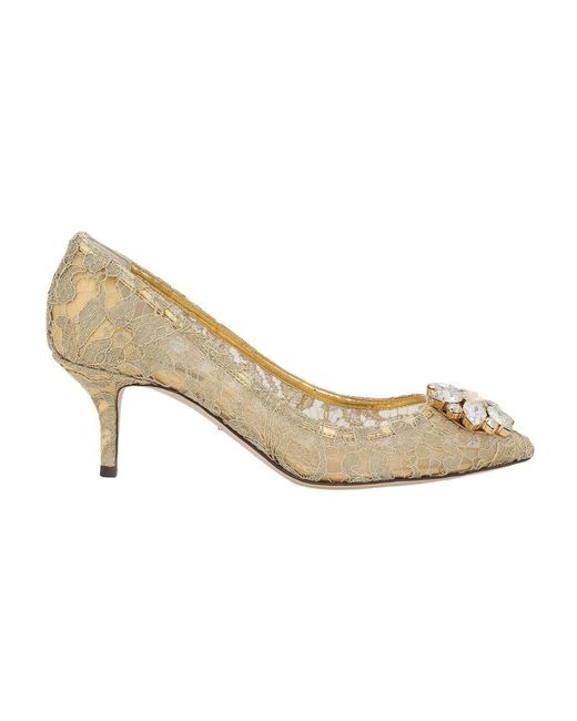 Dolce & Gabbana White Lurex Lace Rainbow Pumps With Brooch Detailing