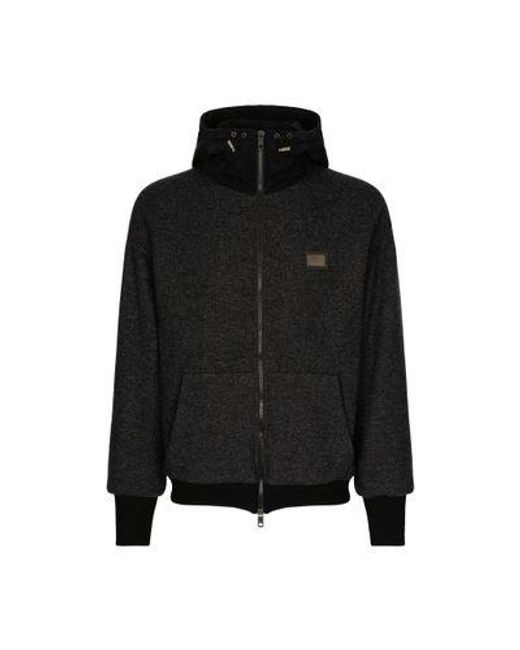 Dolce & Gabbana Black Jersey Wool Jacket With Hood And Logo for men
