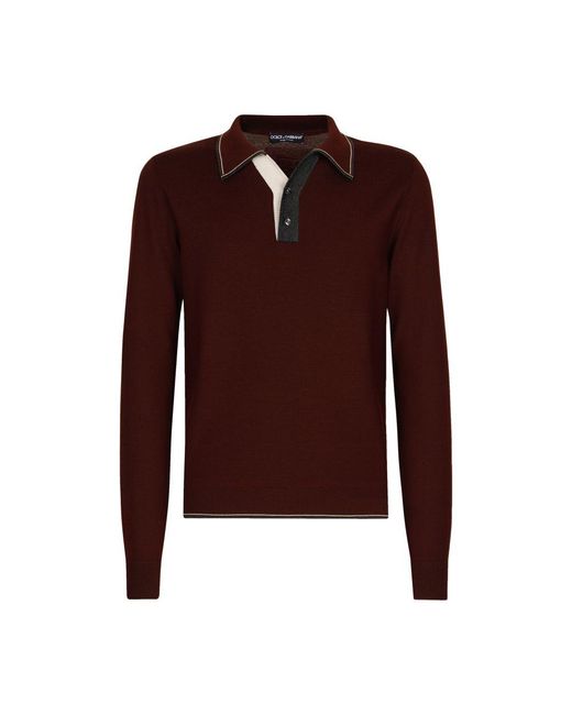 Dolce & Gabbana Brown Wool Polo Shirt With Contrast Details for men