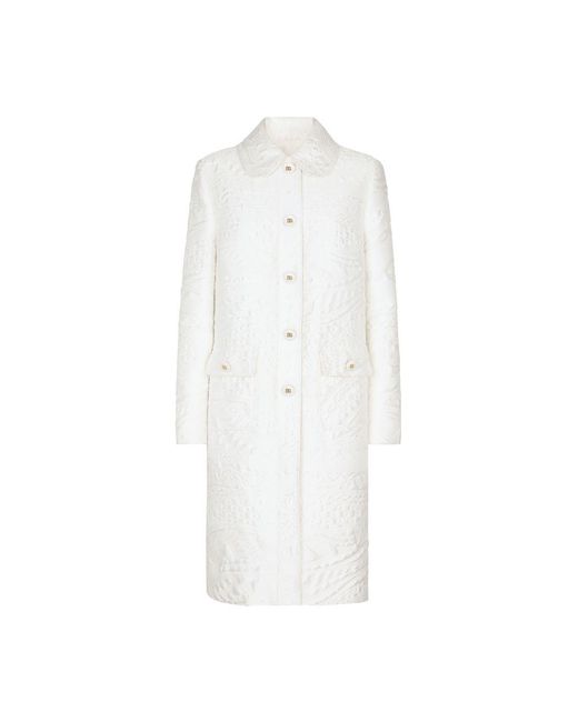 Dolce & Gabbana White Floral-jacquard Belted Coat