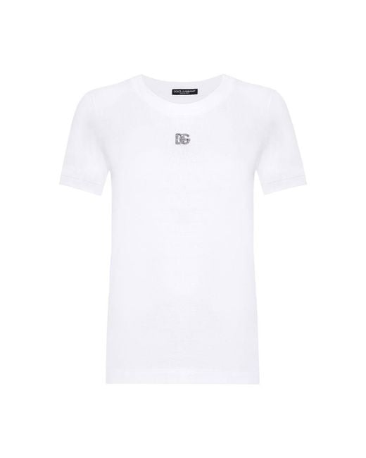 Dolce & Gabbana White Cotton T-Shirt With Crystal Logo