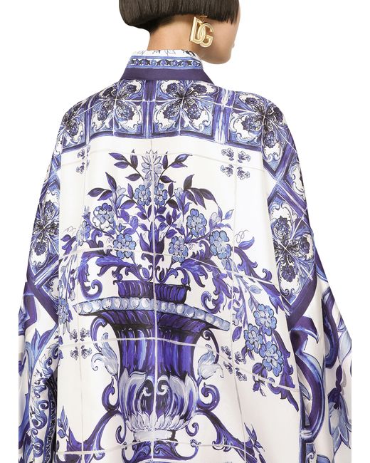 Dolce & Gabbana Blue Twill-Hemd mit Schlitzen und Majolika-Print