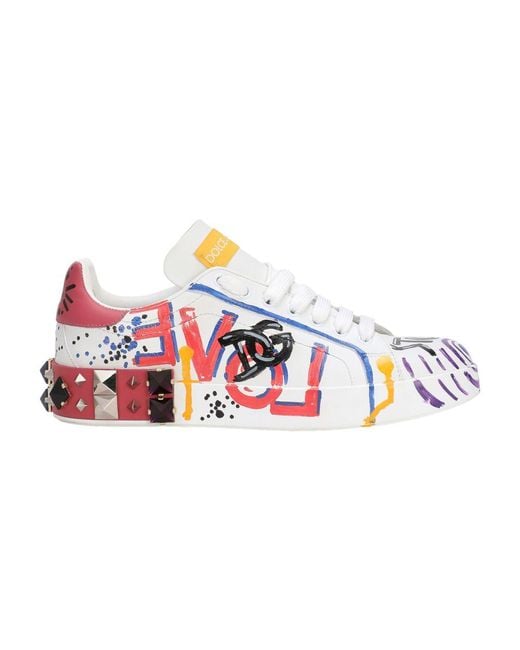 Dolce & Gabbana Red Calfskin Portofino Sneakers With Lettering