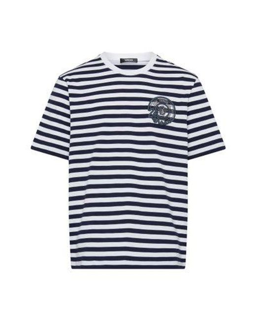 Versace Blue Nautical Emblem Embroidered Striped Jersey T-shirt for men