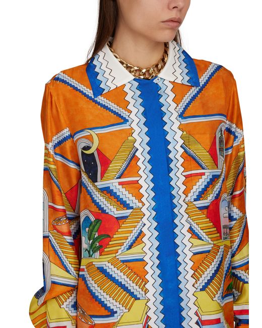 Casablancabrand Orange Cuban Collar Silk Long Sleeve Shirt