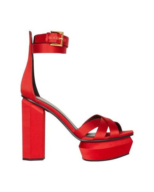Balmain Red Ava Satin Platform Sandals