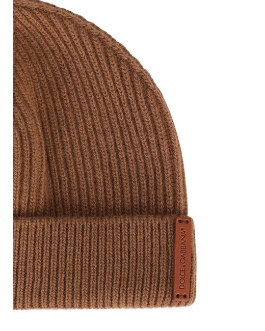 Dolce & Gabbana Brown Knit Wool Hat With Leather Logo for men