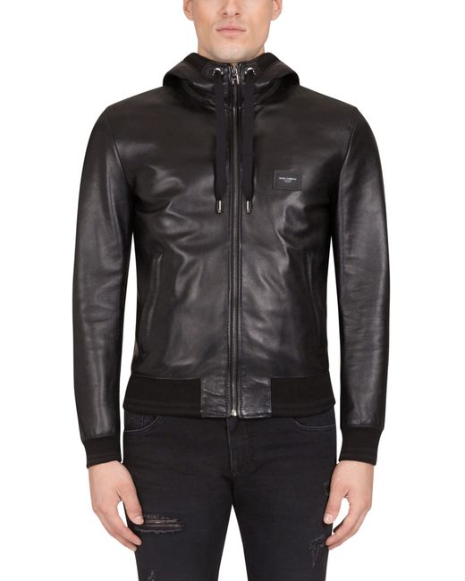 Dolce & Gabbana Black Leather Jacket With Hood for men