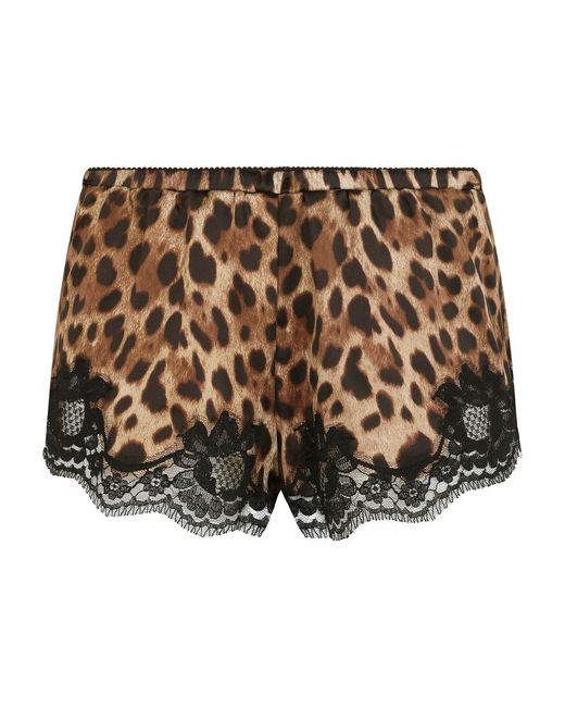 Dolce & Gabbana Brown Leopard-print Satin Lingerie Shorts With Lace Detailing